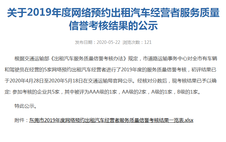 東莞滴滴網約車平臺2019年考核不達標，需要整改